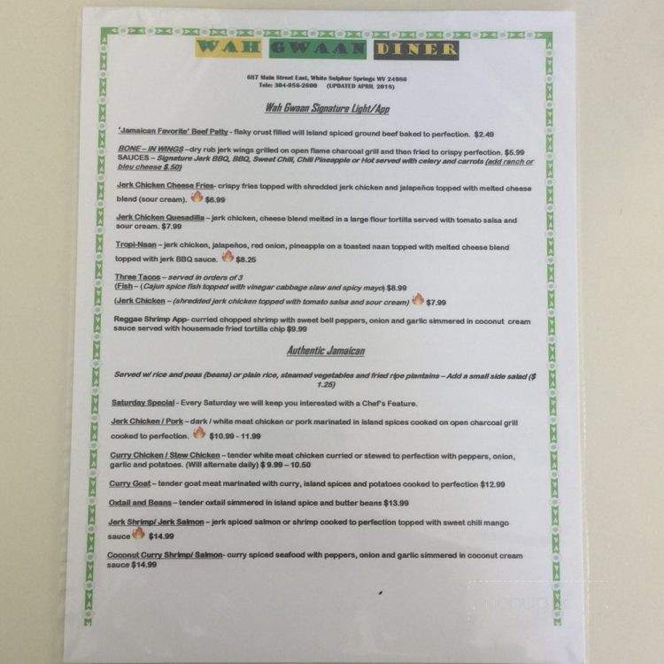 Wah Gwaan Diner - White Sulphur Springs, WV menu_pic
