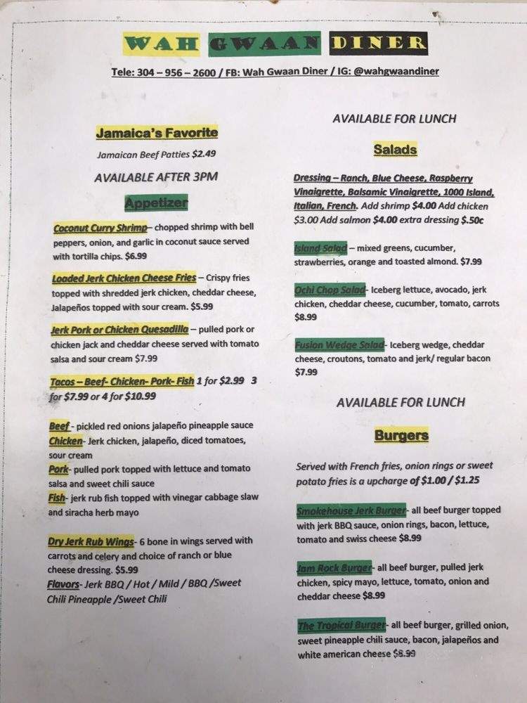 Wah Gwaan Diner - White Sulphur Springs, WV menu_pic