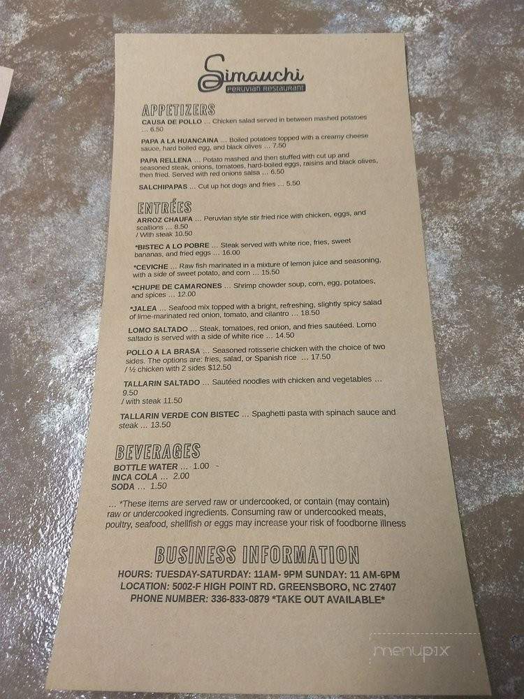 Simauchi Peruvian Restaurant - Greensboro, NC menu_pic
