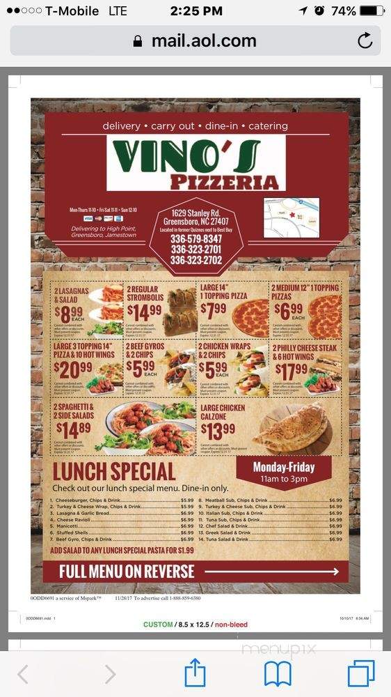 Vino's Pizzeria - Greensboro, NC menu_pic