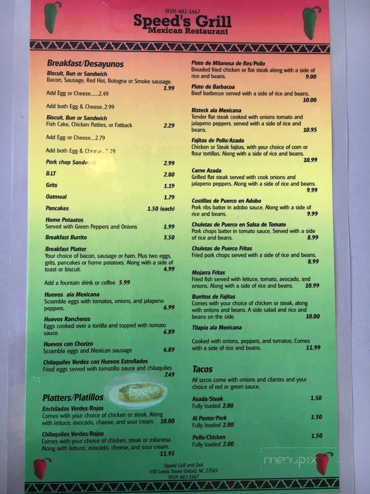 Speed's Grill and Deli - Oxford, NC menu_pic