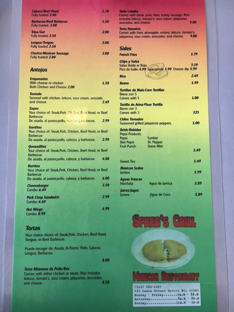 Speed's Grill and Deli - Oxford, NC menu_pic