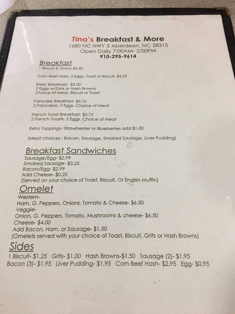 Tina's Breakfast And More - Aberdeen, NC menu_pic