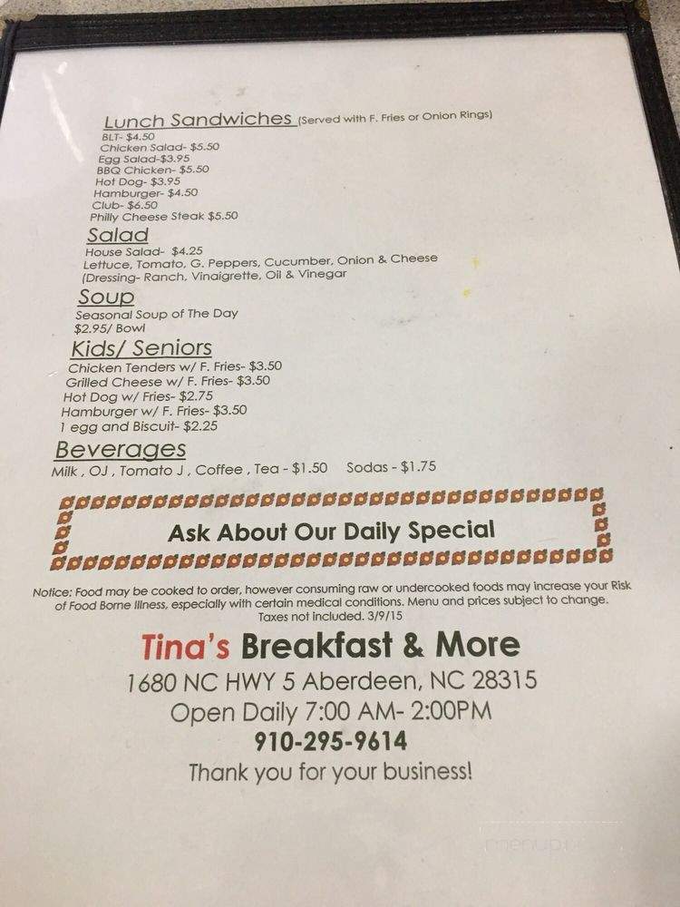 Tina's Breakfast And More - Aberdeen, NC menu_pic
