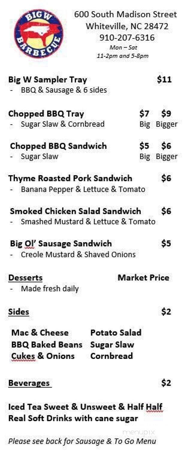 Big W Barbecue - Whiteville, NC menu_pic