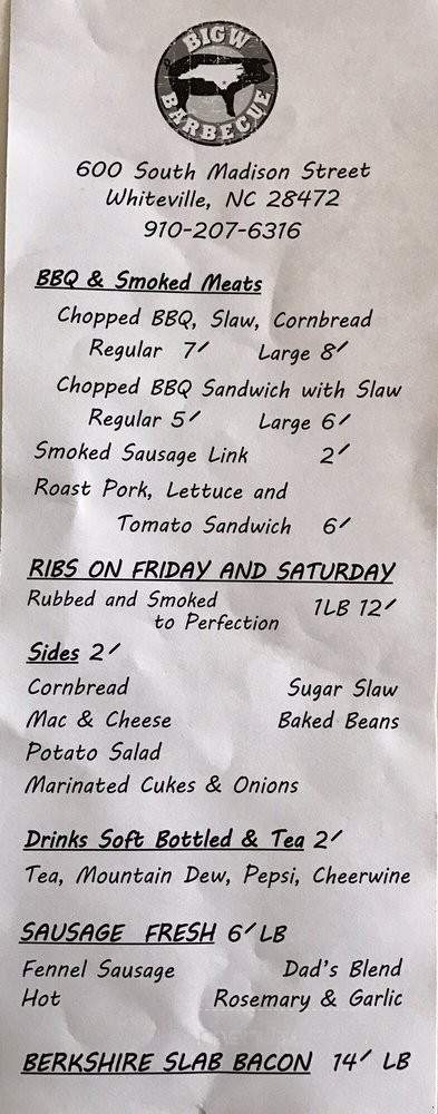 Big W Barbecue - Whiteville, NC menu_pic