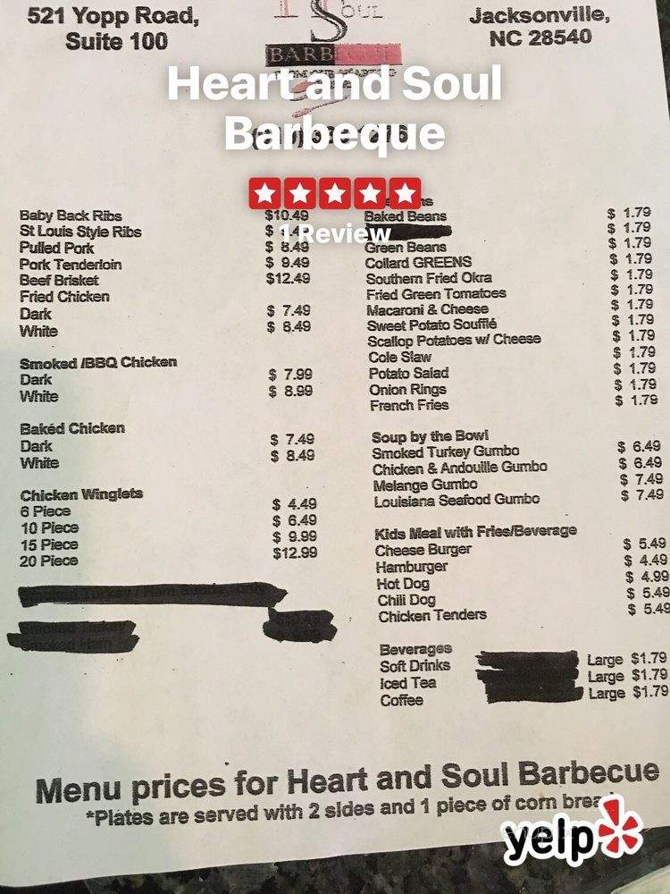 Heart and Soul Barbeque - Jacksonville, NC menu_pic