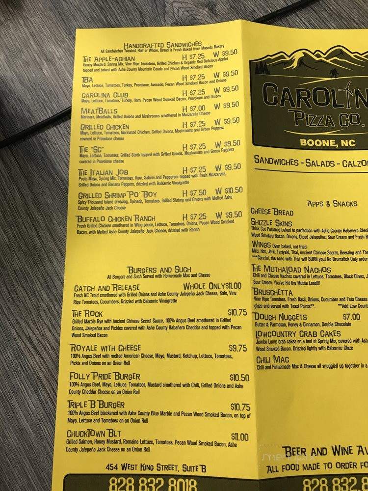 Carolina Pizza Co. - Boone, NC menu_pic