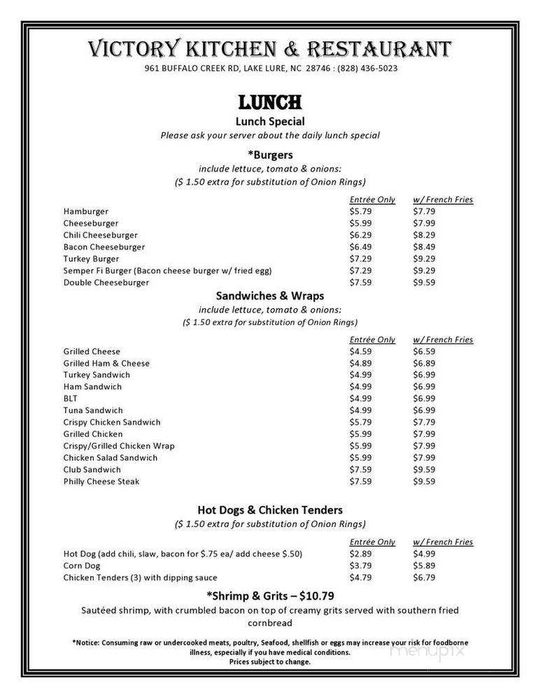 Victory Kitchen & Restaurant - Lake Lure, NC menu_pic