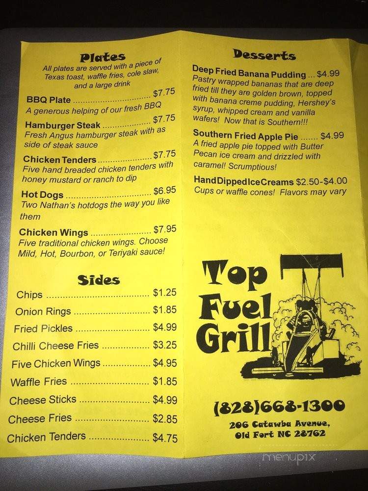 Top Fuel Grill - Old Fort, NC menu_pic