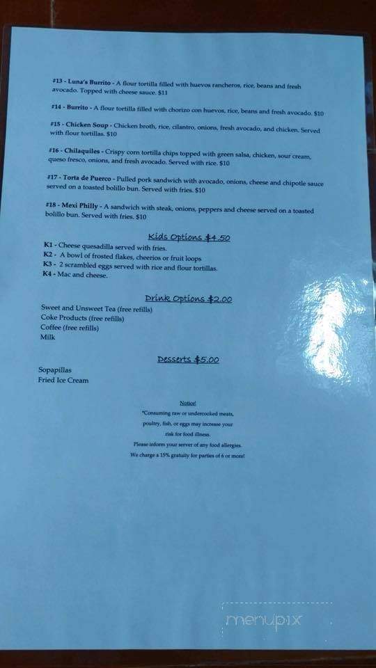 Luna Mexican Kitchen - Waynesville, NC menu_pic