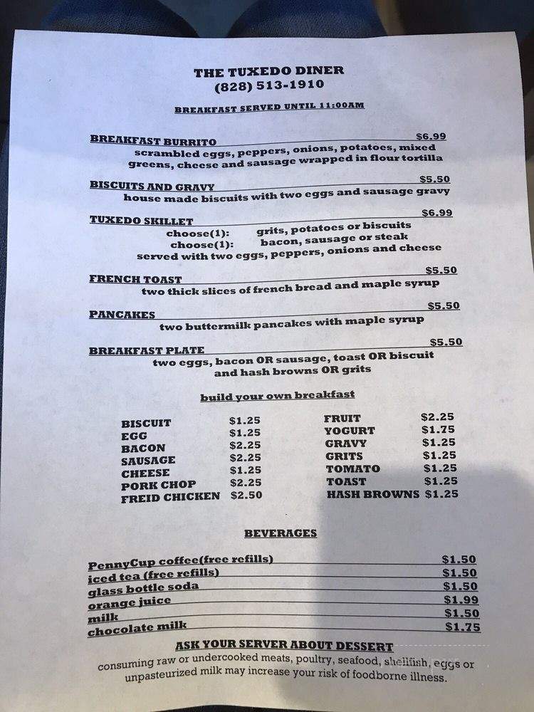 The Tuxedo Diner - Zirconia, NC menu_pic