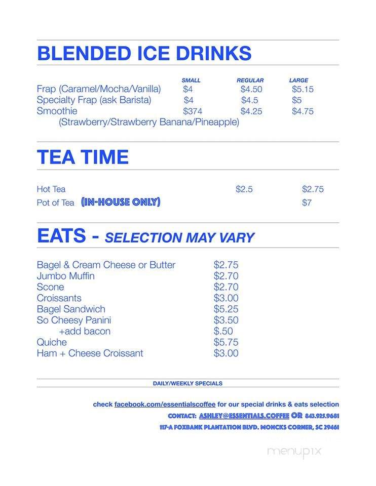 Essentials Coffee - Moncks Corner, SC menu_pic