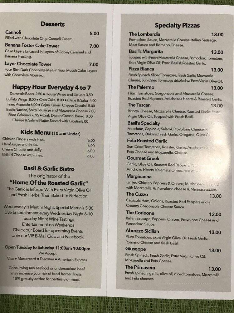 Basil & Garlic Bistro - North Myrtle Beach, SC menu_pic