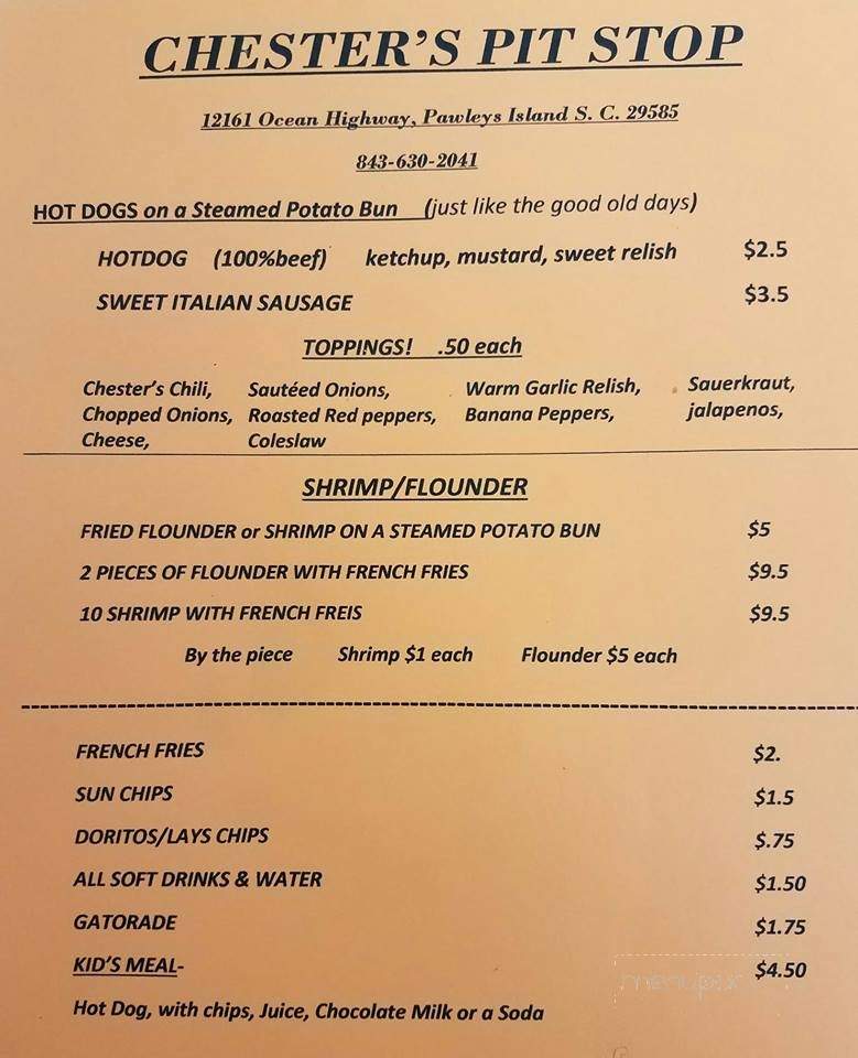 Chester's Pit Stop - Pawleys Island, SC menu_pic