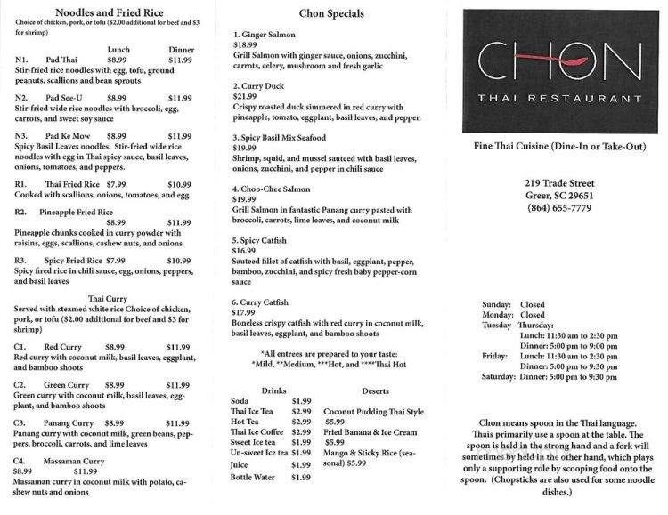 Chon Thai Restaurant - Greer, SC menu_pic