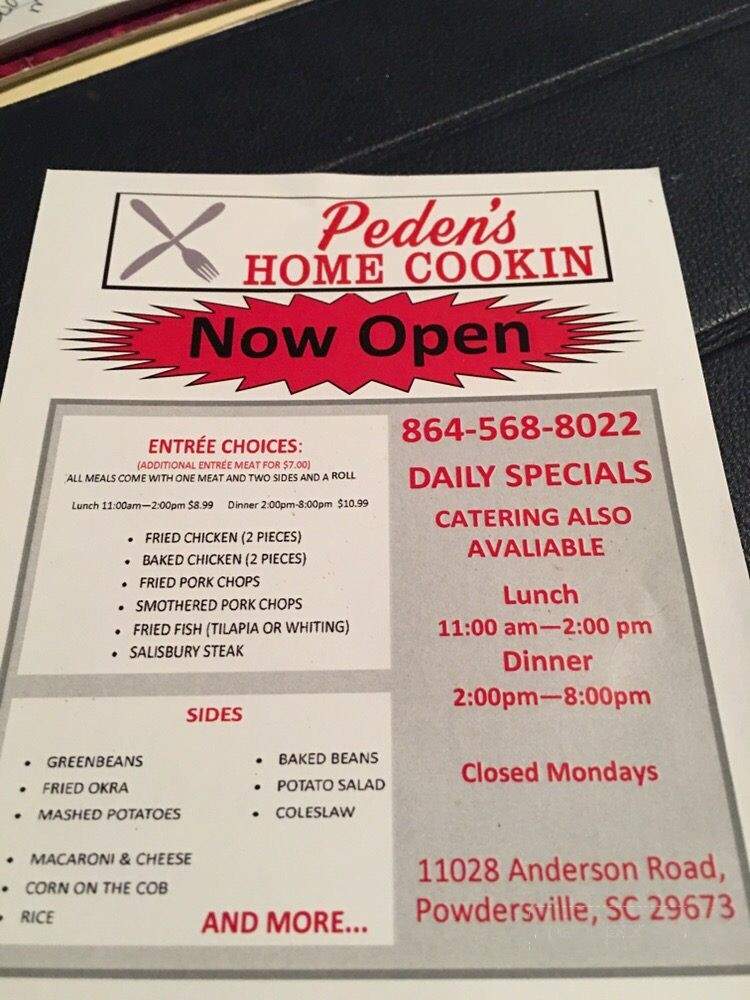 Peden's Home Cookin - Powdersville, SC menu_pic