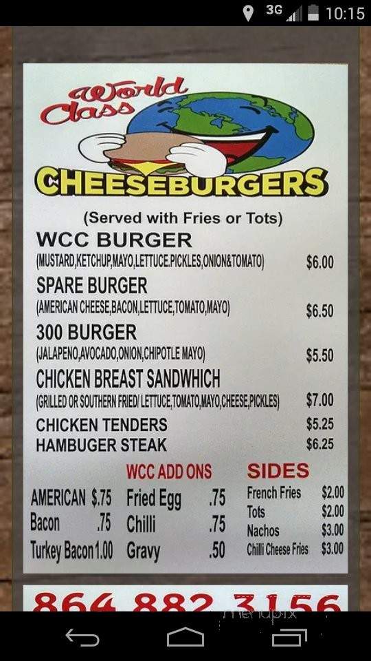 World Class Cheeseburgers - Seneca, SC menu_pic