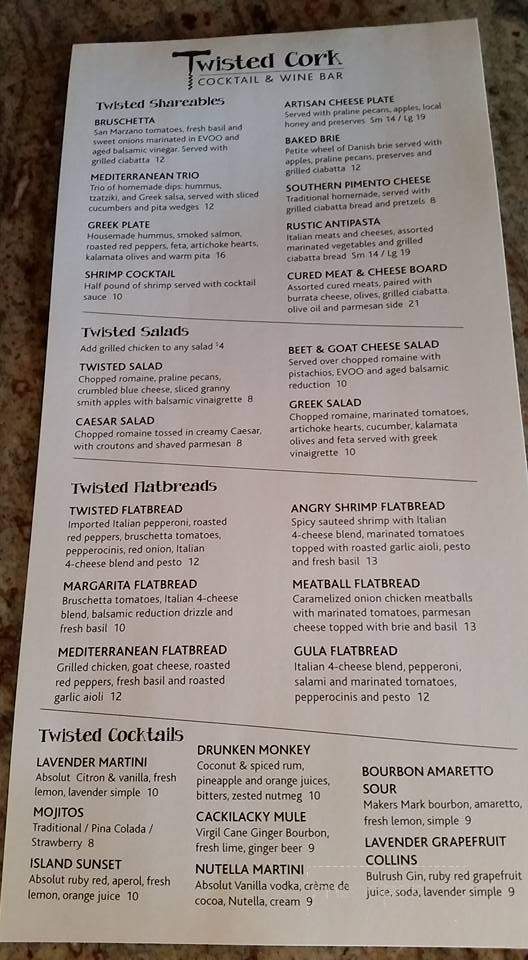 Twisted Cork Cocktail & Wine Bar - Hilton Head Island, SC menu_pic