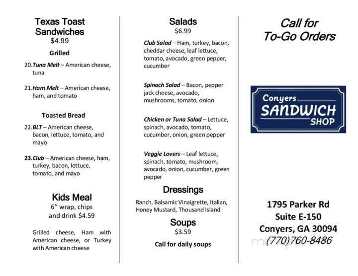 Conyers Sandwich Shop - Conyers, GA menu_pic