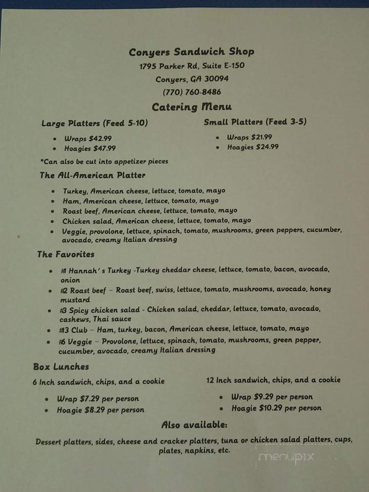 Conyers Sandwich Shop - Conyers, GA menu_pic