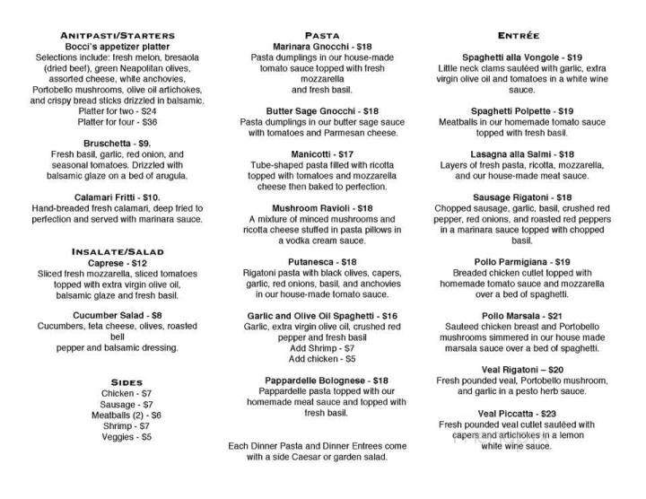 Bocci's Italian Bistro - Richmond Hill, GA menu_pic