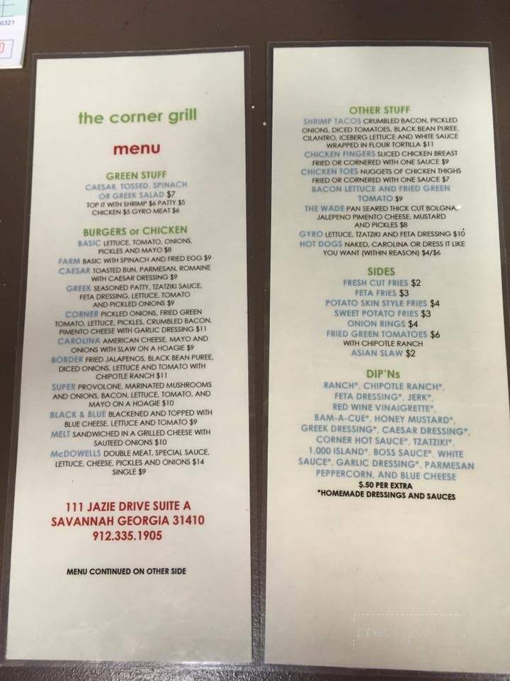 The Corner Grill - Savannah, GA menu_pic