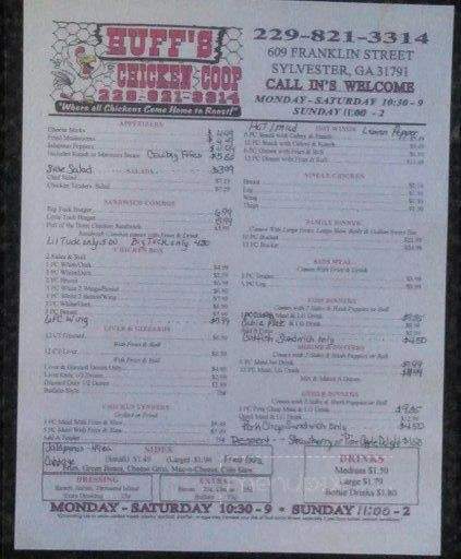 Menu Of Huffs Chicken Coop In Sylvester Ga 31791