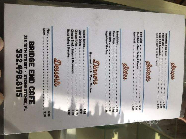 Bridge End Cafe - Steinhatchee, FL menu_pic