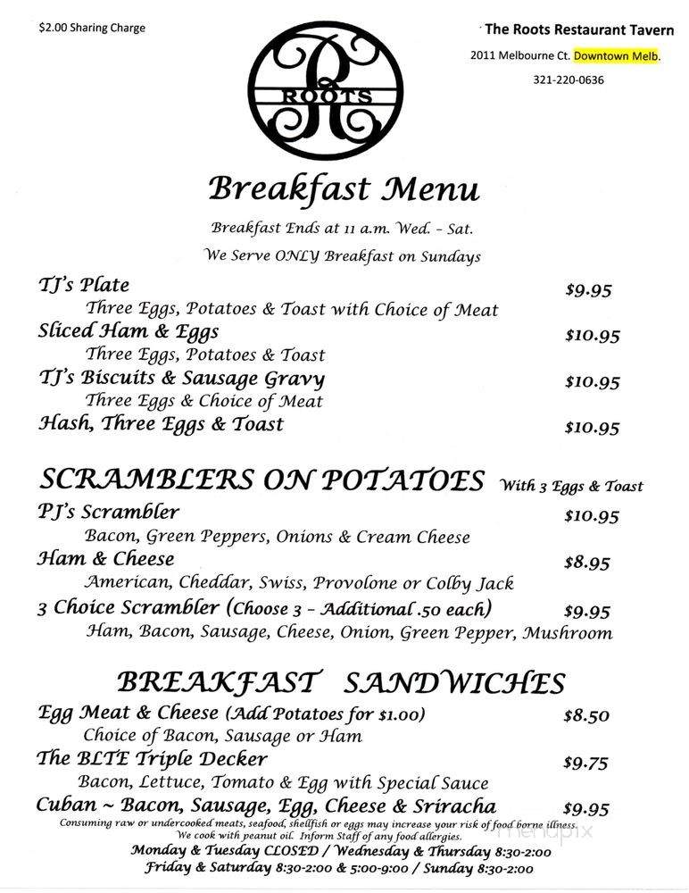 The Roots Restaurant Tavern - Melbourne, FL menu_pic