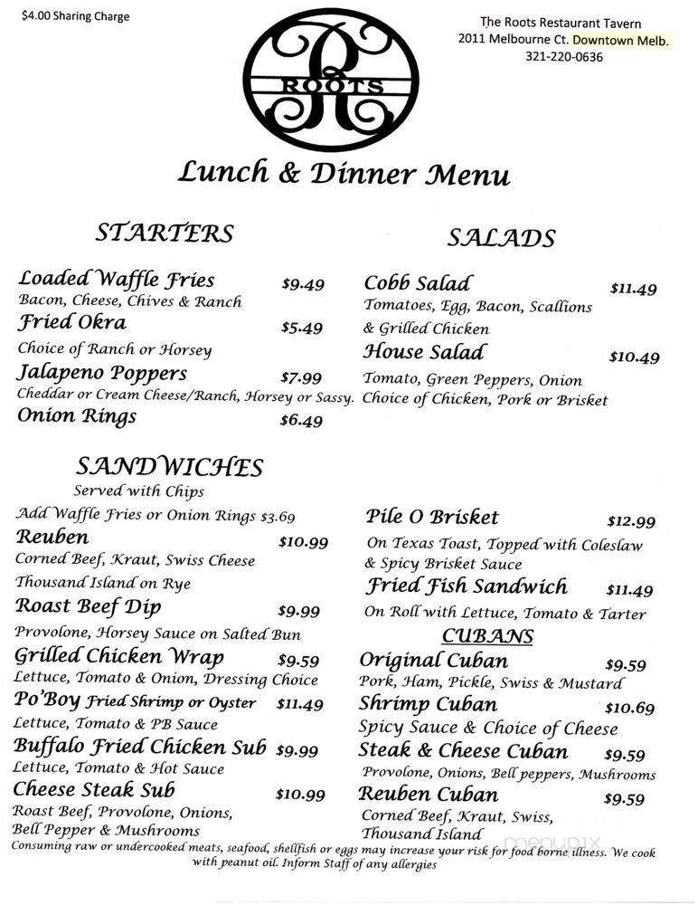 The Roots Restaurant Tavern - Melbourne, FL menu_pic