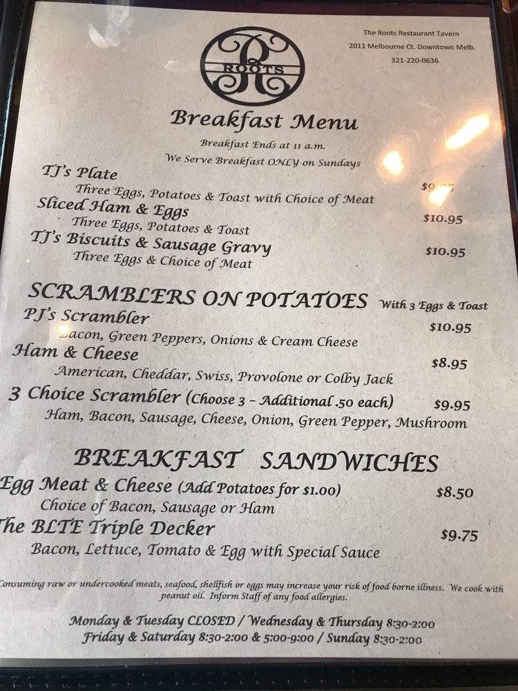 The Roots Restaurant Tavern - Melbourne, FL menu_pic