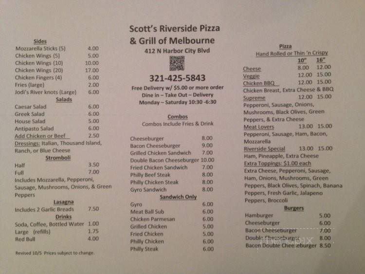 Scott's Riverside Pizza & Grill of Melbourne - Melbourne, FL menu_pic