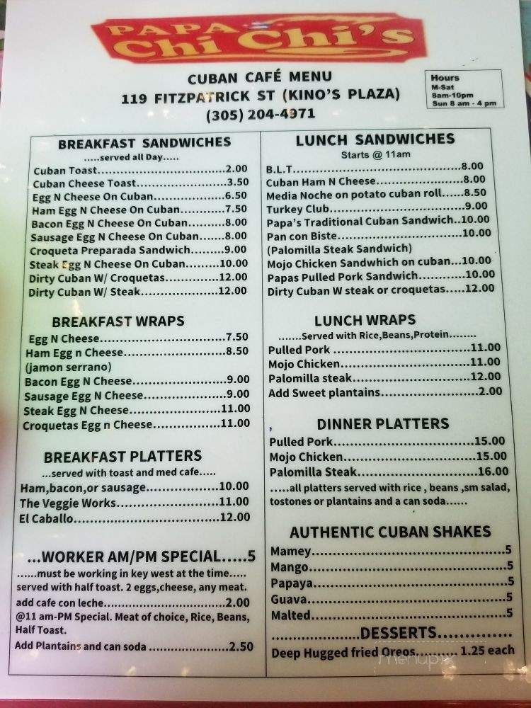 Papa Chi-Chi's Cuban Cafe - Key West, FL menu_pic