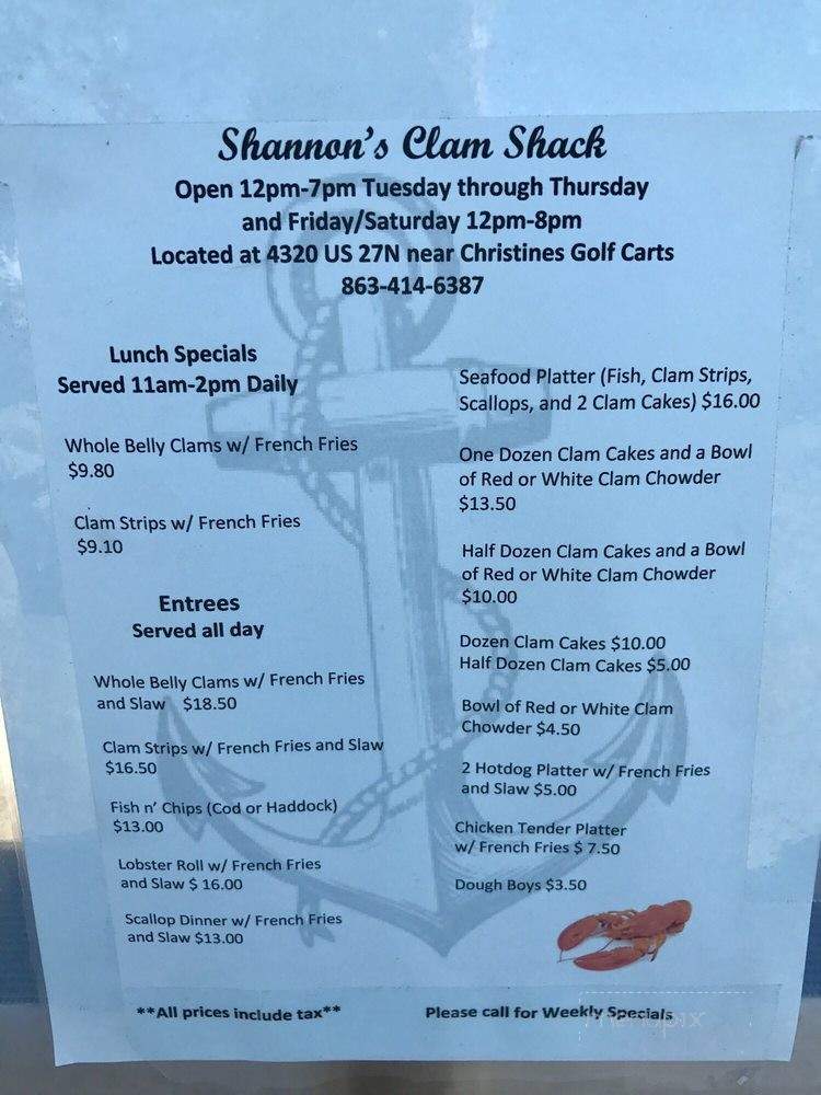 Shannons Clam Shack - Sebring, FL menu_pic
