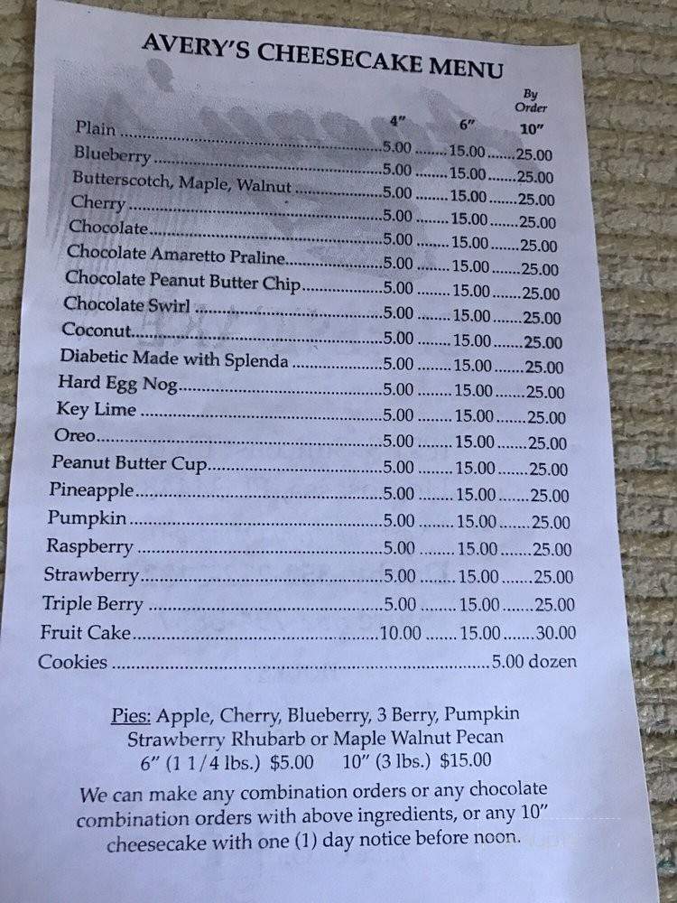Avery's Cheesecake - Homosassa Springs, FL menu_pic