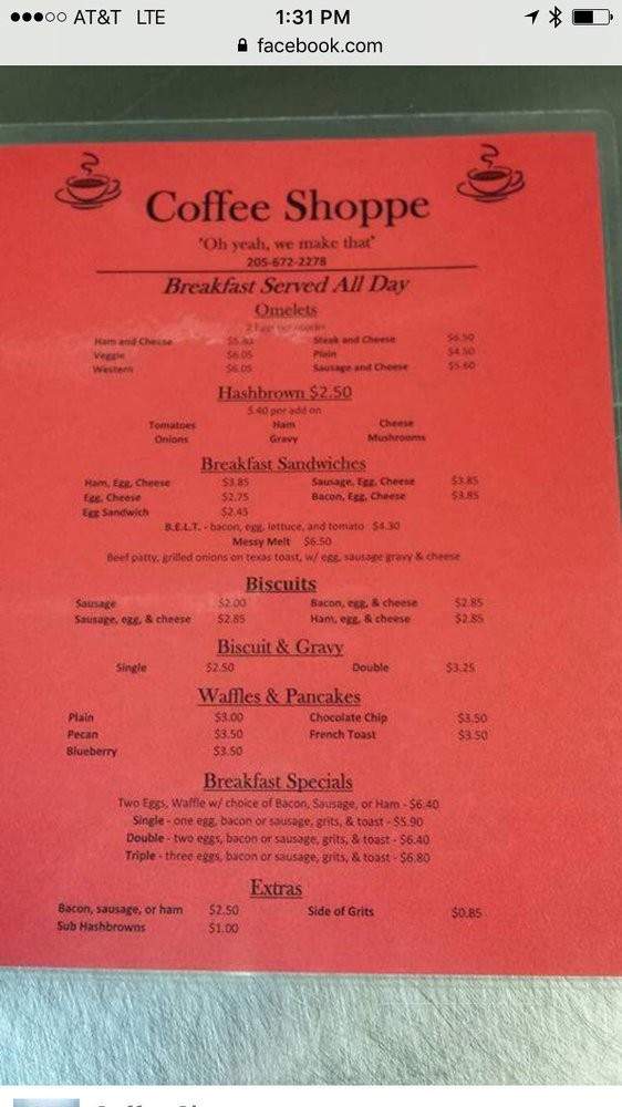 Coffee Shoppe - Harpersville, AL menu_pic