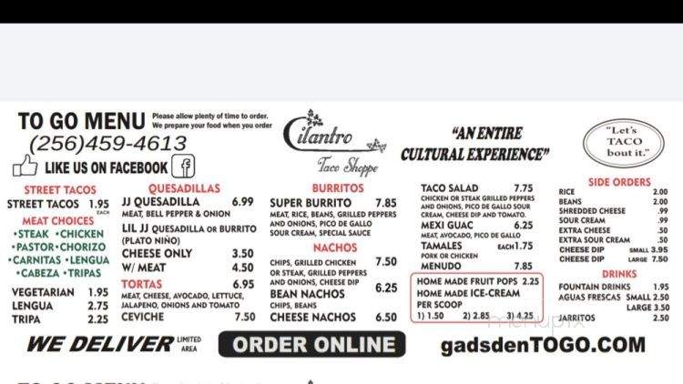 Cilantro Taco Shoppe - Gadsden, AL menu_pic