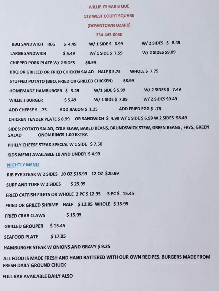 Willie J's BBQ and Steakhouse - Ozark, AL menu_pic