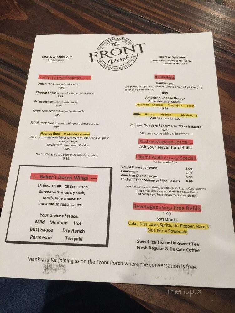 Menu of Lillian's Front Porch Cafe in Lillian, AL 36549