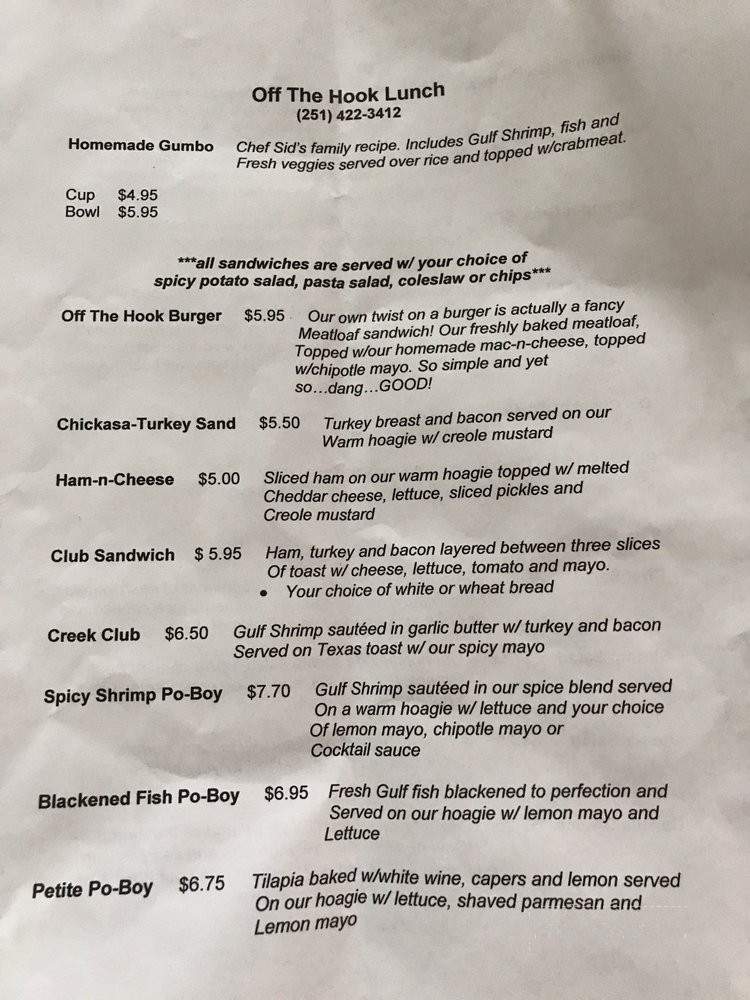 Off the Hook Marina and Grill - Chickasaw, AL menu_pic