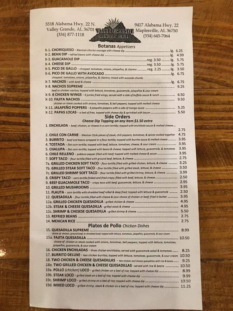 Valle Grande Mexican Grill - Maplesville, AL menu_pic