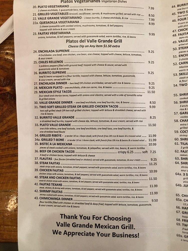 Valle Grande Mexican Grill - Maplesville, AL menu_pic