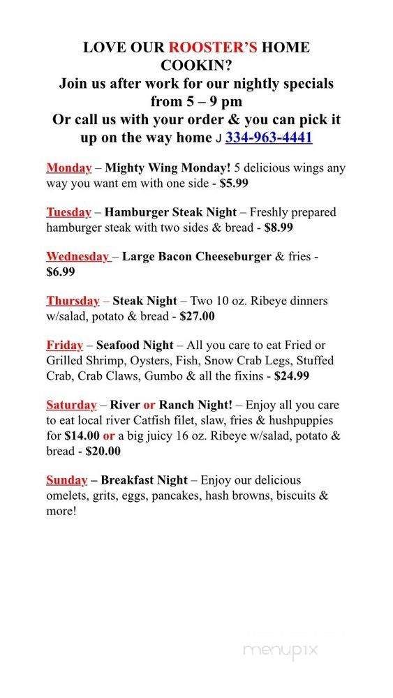 Rooster's Road House Grill - Pine Hill, AL menu_pic