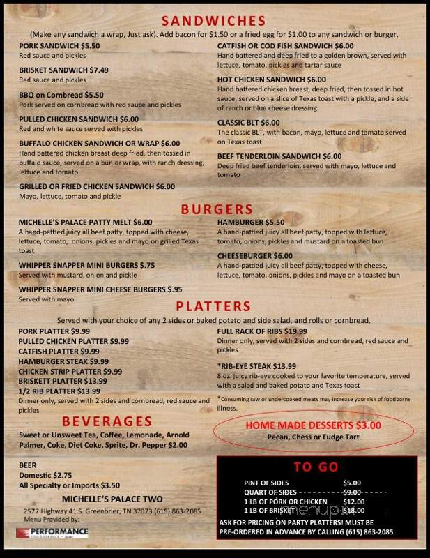 Michelle's Palace - Greenbrier, TN menu_pic