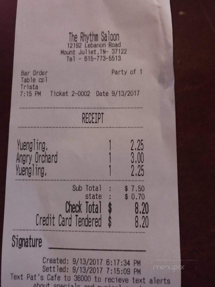 The Rhythm Saloon - Mount Juliet, TN menu_pic