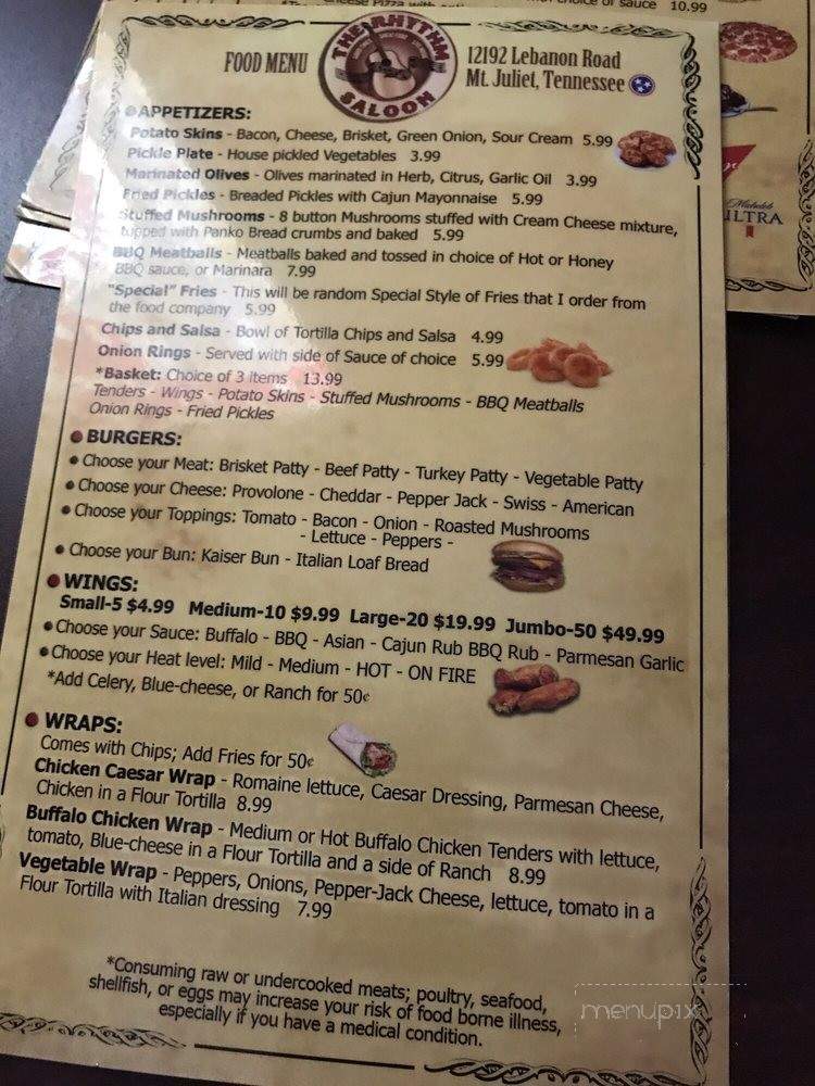 The Rhythm Saloon - Mount Juliet, TN menu_pic