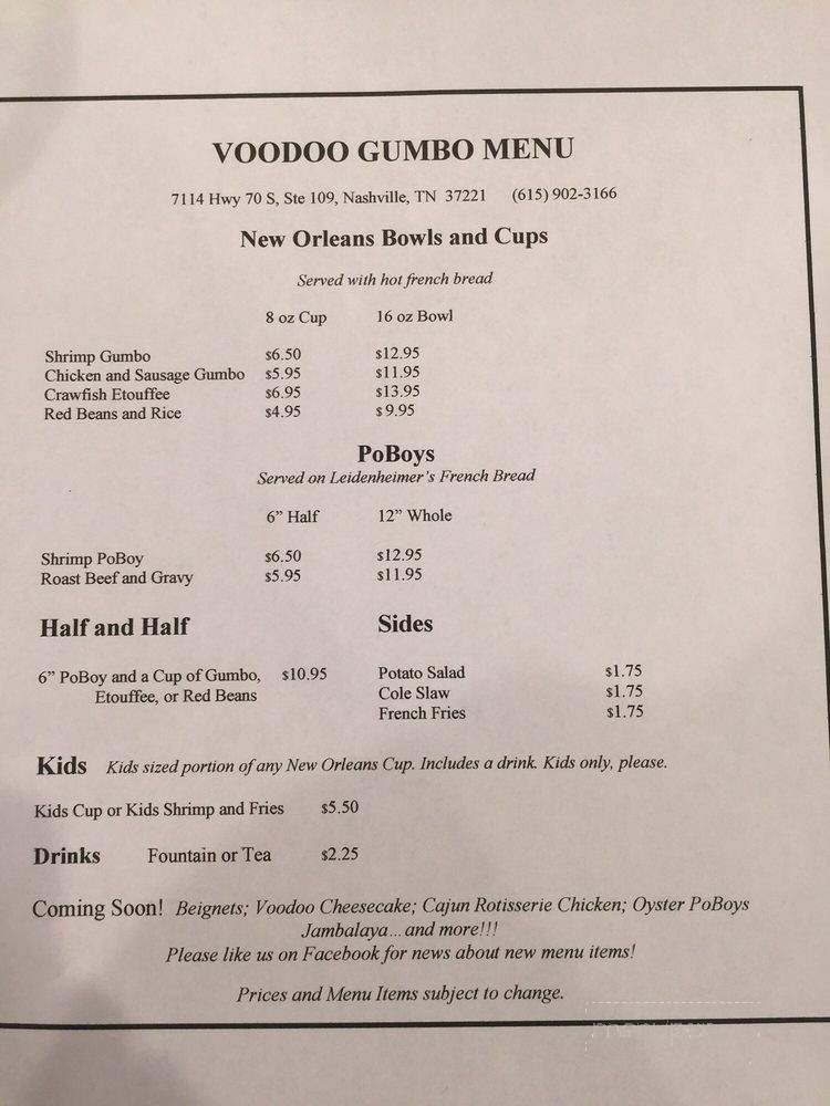Voodoo Gumbo - Nashville, TN menu_pic