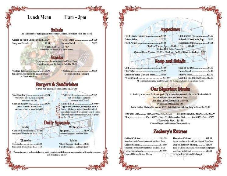 Zachary's Steakhouse - Bristol, VA menu_pic