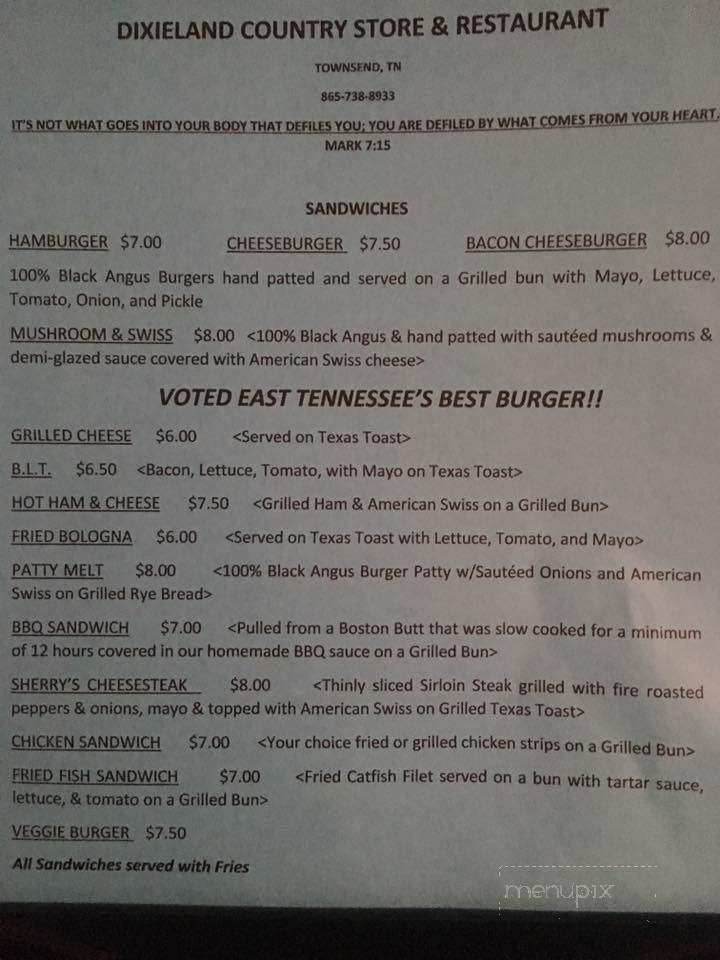 Dixieland Country Store & Restaurant - Townsend, TN menu_pic